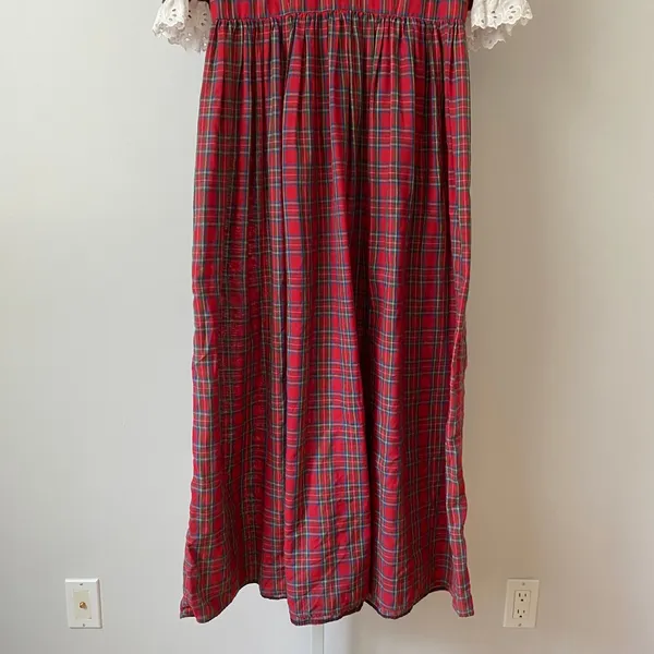 Unbranded Cotton Prairie Peasant Lace Trim Plaid Maxi Dress Red - Image 3