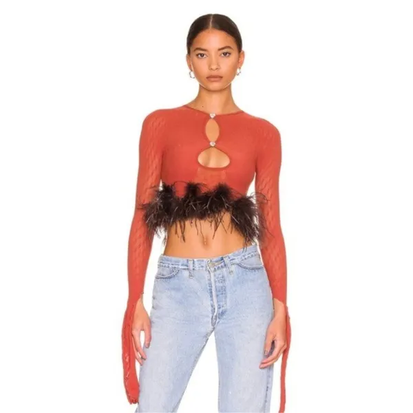 Poster Girl Mira Cutout Top OS Burnt Henna Chocolate Brown Ostrich Feathers Crop - Image 3