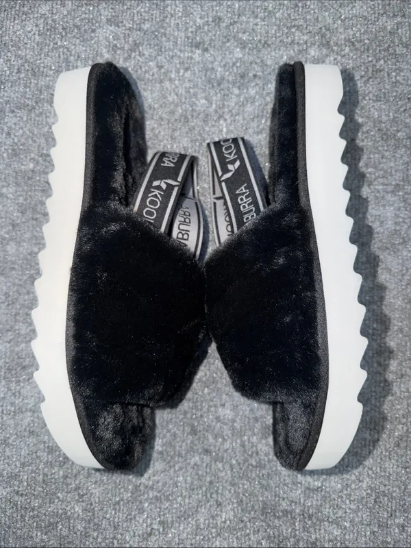 Koolaburra By Ugg Black Faux Fur Slide Sandals with Branded Elastic Strap - Image 5