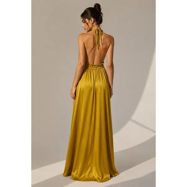 LoveShackFancy Golden Satin Plunge V-Neck Braided Halter Open Back Maxi Dress - Image 4