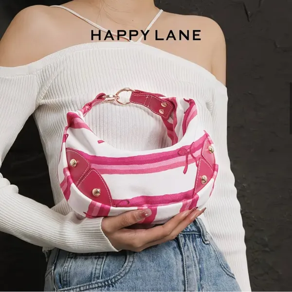 Pink Stripe Coquette Crescent Hobo Shoulder Bag Scarf Print NIP - Image 9