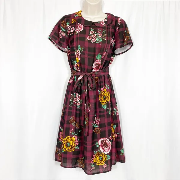 ModCloth Burgundy Floral Buffalo Check Joyfully Poised Collared A-Line Dress - Image 3