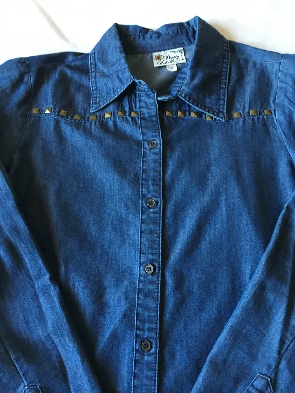 Dark Blue Chambray Button Down Shirt With Studs Size XS - Image 2