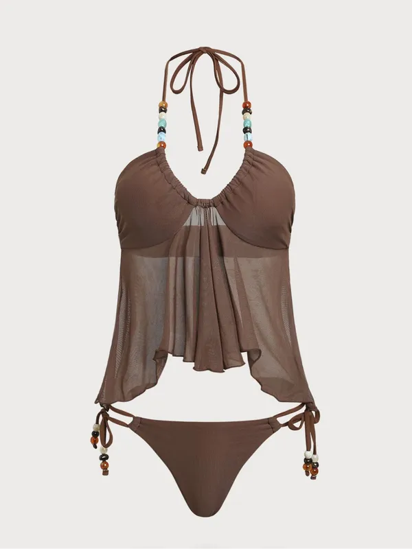 Samiol Brown Irregular Hem Contrast Beaded Tankini Set Size M - Image 3
