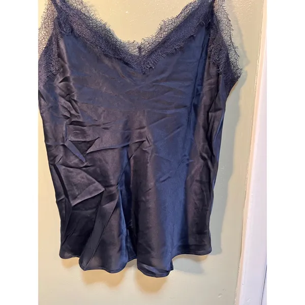 Primark Women's Size 10-12 Camisole Tank Top V-Neck Eyelash Lace Navy Blue Silk - Image 4
