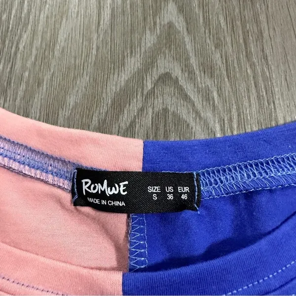 Romwe Pink & Blue Divided Colorblock California 21 Graphic Short‎ Sleeve Shirt S - Image 3