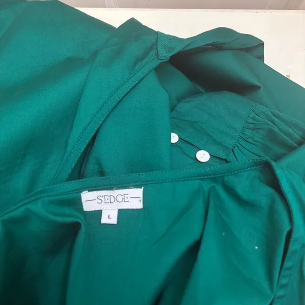 S'edge‎ Poplin Wrap Dress L Emerald Green Puff Sleeve Career Chic Classic - Image 5