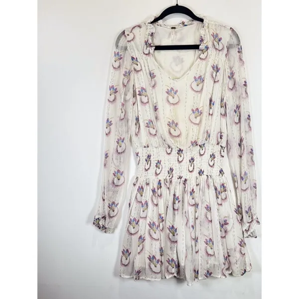 Free People Mini Dress Beige Wild Horses Dreamcatcher V Neck Smocked Medium - Image 5
