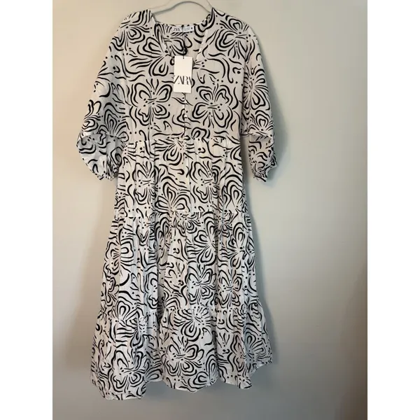 Zara Black and White cotton midi dress 3/4 sleeve sz Small NWT $70 - Image 2