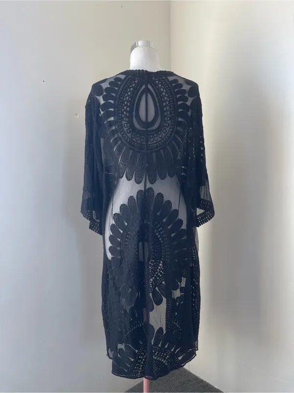 Black Sheer Embroidered Swim Coverup Kimono - Image 3