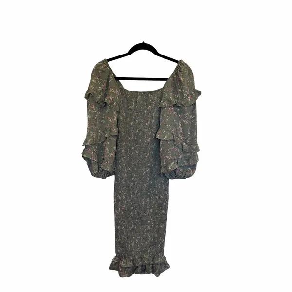 Petal & Pup Leia Floral Smocked Midi Dress Olive Puff Sleeve NWT US 0 - Image 7