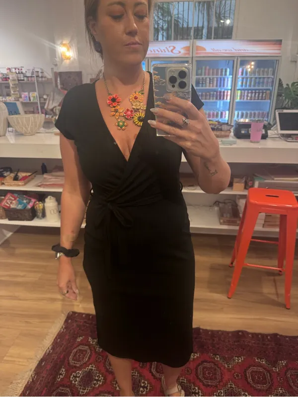 Ribbed Black Midi Wrap Dress with Waist Tie - Image 7