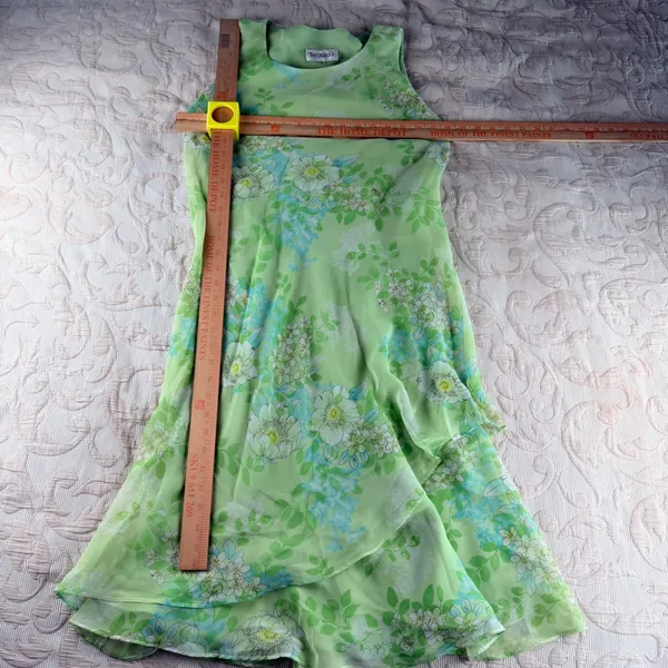 Studio I Women's Lime Green Floral‎ Chiffon Tiered Midi Dress Size 8 Sleeveless - Image 6