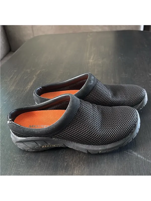 Merrell Women's Black Mesh Slip-On Clogs with Orange Insole Accents - Image 3