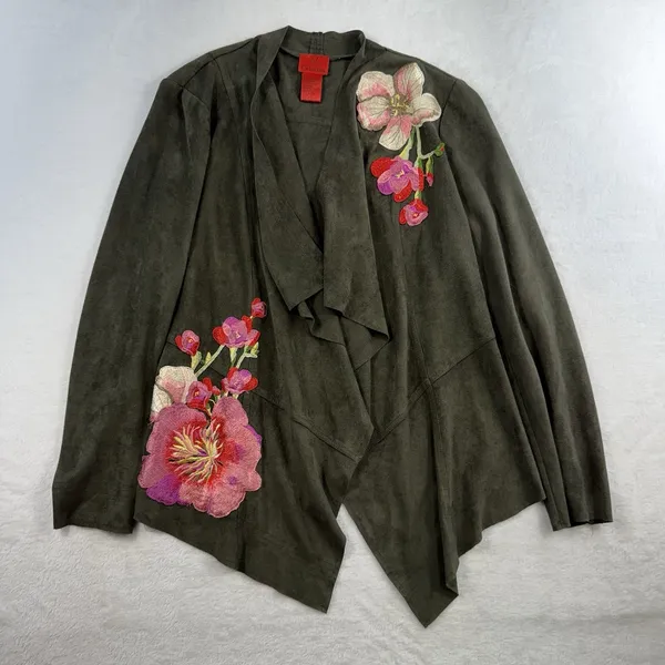 V Christina M Medium Cardigan Jacket Faux Suede Moss Green Floral‎ Embroidered - Image 3