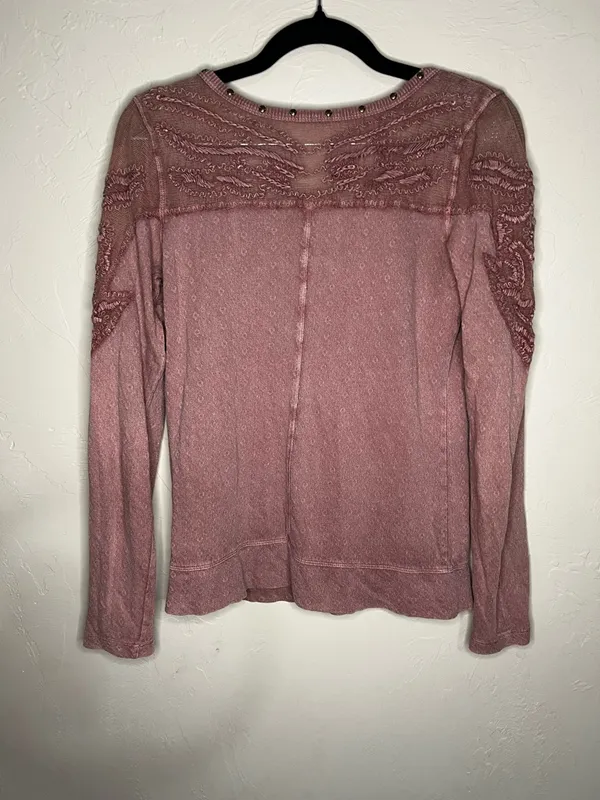 Free‎ People Embellished Embroidered Sheer Lace Boho Mauve Long Sleeve Top - Image 9