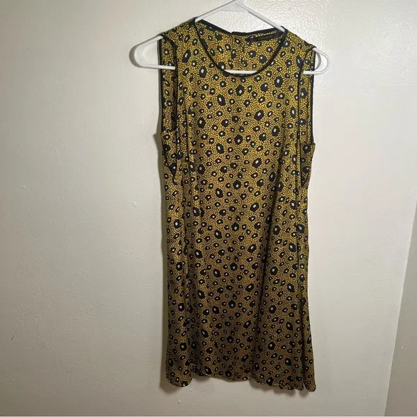 Zara Womens Size Small Sleeveless‎ Shift Dress Yellow Navy White Geo Button Back - Image 3