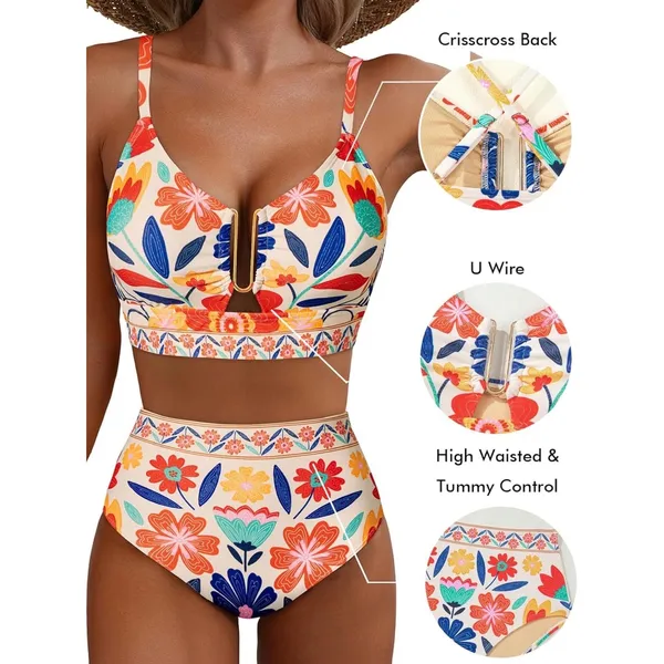 NWT Makemechic Floral U Wire Bikini Set Cutout High Waist Medium - Image 3