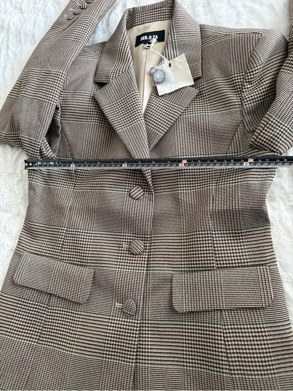SER.O.YA Brown Plaid Blazer L Tailored Glen Check Quiet Luxury Jacket - Image 9