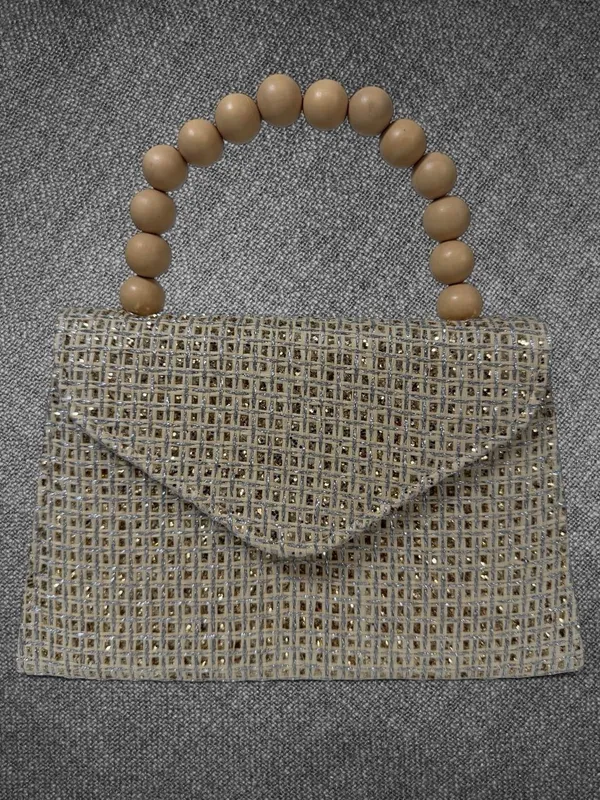 Metallic Gold Woven Envelope Handbag With Wooden Bead Handle And Chain Strap - Image 3