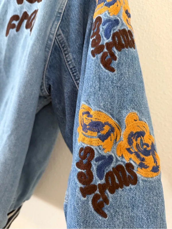 iets frans Blue Denim Embroidered Varsity Jacket Size XS - Image 14