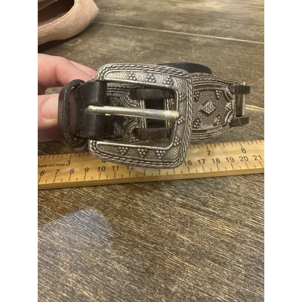 Vintage Fossil Leather Silver Belt Women's‎ Size Medium Black Y2K Western 90's - Image 11