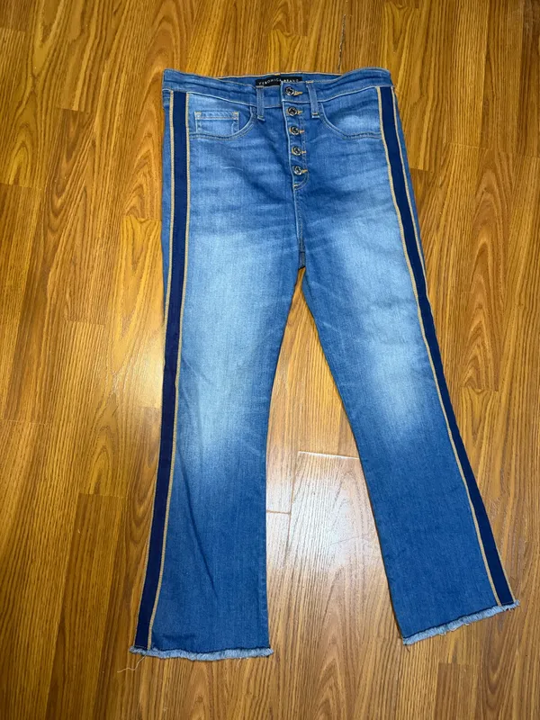 NWOT Veronica Beard Carolyn 10" baby boot high-rise jeans blue & gold tuxedo stripes size 28 - Image 3