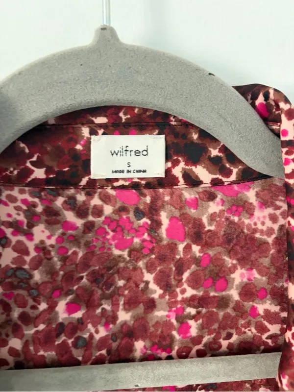 Wilfred Aritzia Silky Tie Front Button Down Abstract Brown Fuschia Blouse Small - Image 6