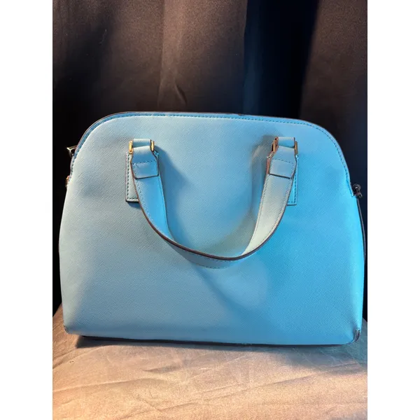 Blue Saffiano Dome Satchel Bag with Gold Heart Detail and Striped Lining - Image 10
