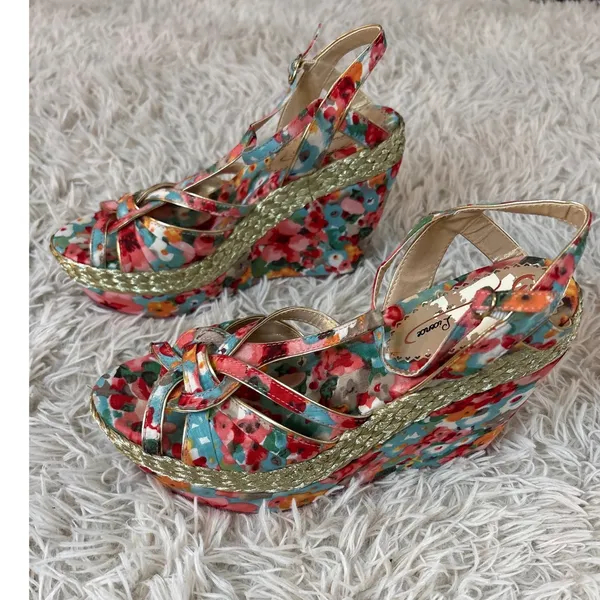 Poetic Licence Floral Wedge Sandals Women's 9 Multicolor‎ Open Toe Ankle Strap - Image 4