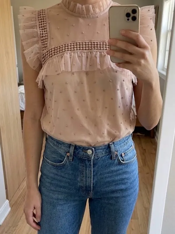 BB Dakota Roslyn Swiss Dot Victorian Blouse Champagne Pink Blush Shirt Medium - Image 2