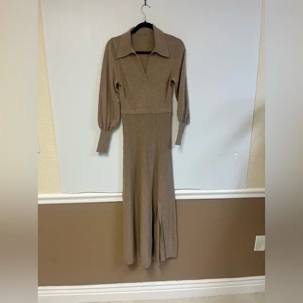 NICHOLAS Jade Midi Wool & Cotton Collared V Neck Long sleeve dress Oat Size‎ XS - Image 9