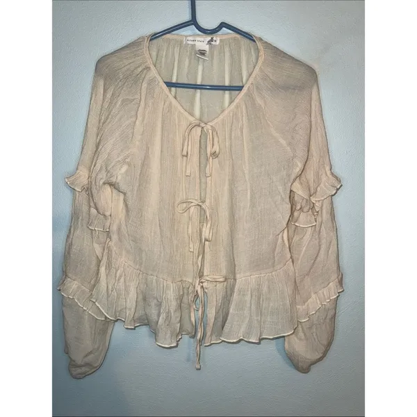 Women’s altar’d state cream tie front long sleeve ruffled sleeve blouse boho - Image 2