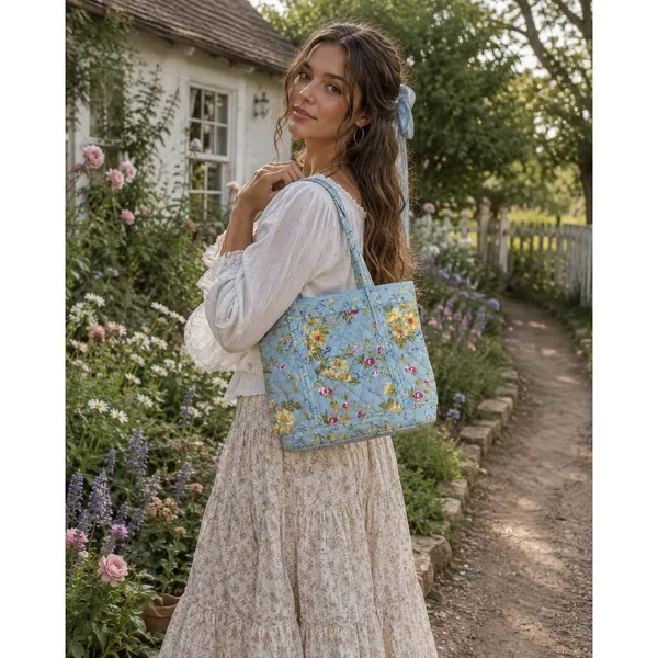 Floral‎ Quilted Mini Tote Bag Cotton Cottagecore Shabby Chic Prairie Blue Small - Image 2