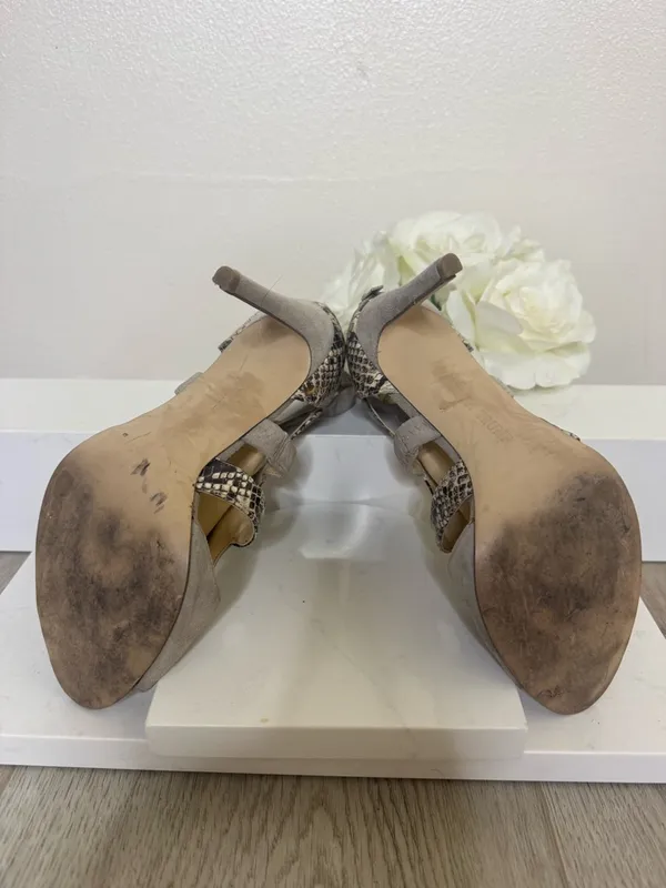 Ivanka Trump Taupe Suede Cutout Stiletto Heels with Snake-Print Trim - Image 5