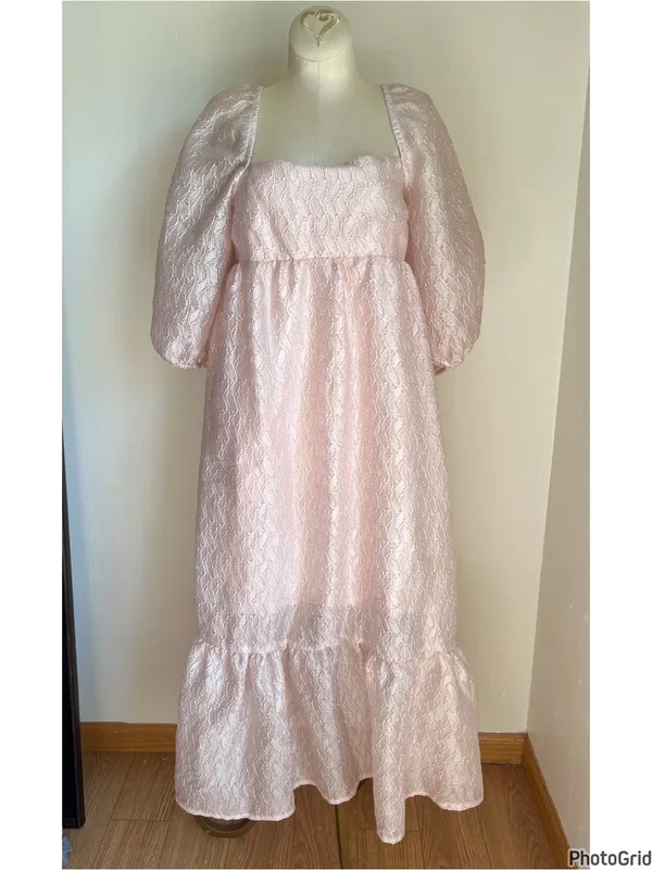 Anthropologie Pink Textured Puff Sleeve Dress Small - Image 2