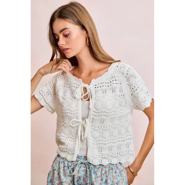 BiBi Front Bow Tie Detail Pointelle Knit Top - Ivory - XL - Image 13
