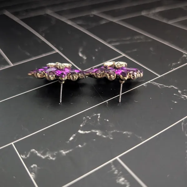 Vintage Stud Earrings 1.25" Purple & Clear Gems Regal Large Statement - Image 6