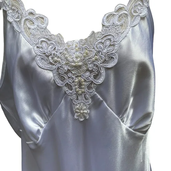 Vtg White Satin Lace Maxi Slip Dress L Bridal Nightgown Beaded Deadstock NWT - Image 7