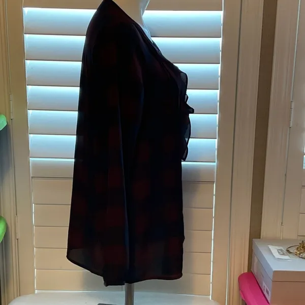 Ann Taylor Burgundy and Navy Checkered Button Down Shirt - Image 3
