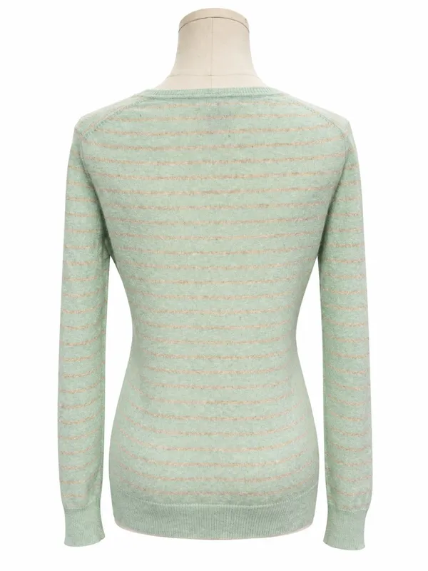 Lord & Taylor 100% Cashmere Striped V-Neck Sweater Mint Size Medium - Image 3