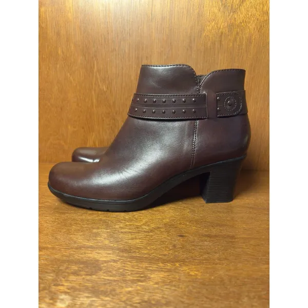 Clarks Dark Brown Leather Ankle Boots Studded Strap Side Zip Size 9 - Image 10