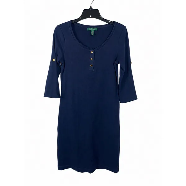 Ralph Lauren Navy Blue 100% Cotton Henley Shirt Dress Roll Tab Sleeve S - Image 2