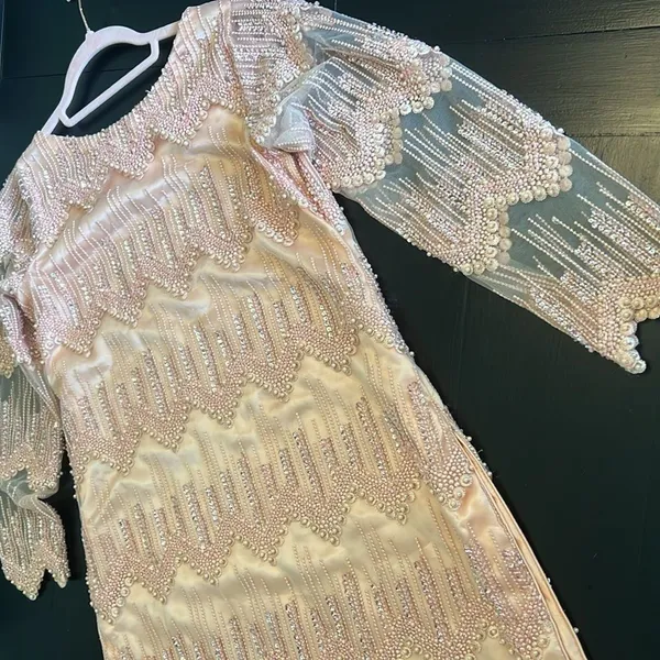 Peach Pink Beaded Sequin‎ High Low Formal Dress Long Sleeve Pearl Detail Gown - Image 14