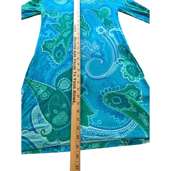 Tori Richard Honolulu XXS Blue Green Paisley Tunic Dress Bell Sleeve Stretch - Image 6