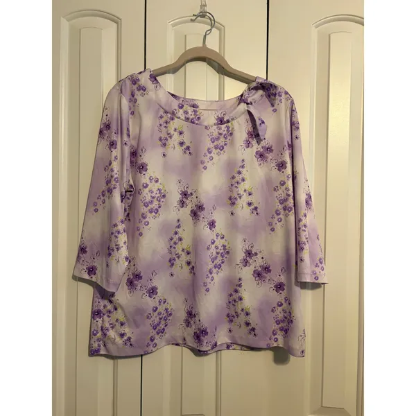 Haband Blouse Vintage 80s Cottagecore Purple Floral Bow Tie Neck XL‎ - Image 2