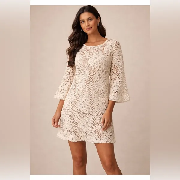 NEW Skies Are Blue NWT Cream Crochet Lined Lace Bell Sleeve Boho Dress ~ Medium - Image 3