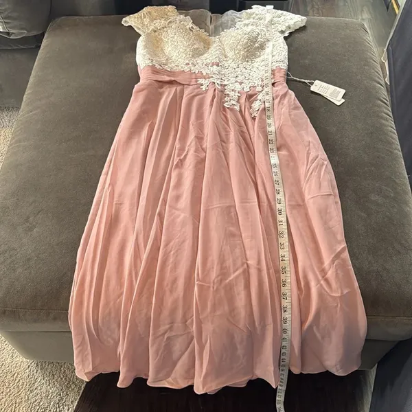 Women’s Ivory Lace Top Pink Chiffon V-Neck Cap Sleeves Formal Dress Size 10 NEW - Image 10