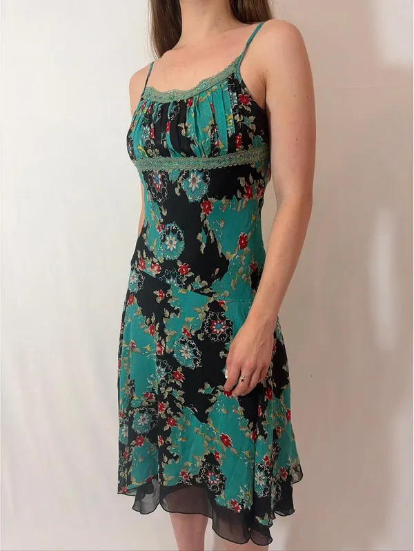 Blue Floral Paisley Mesh Fairy Sequin Silky Vintage Midi Dress - Image 4
