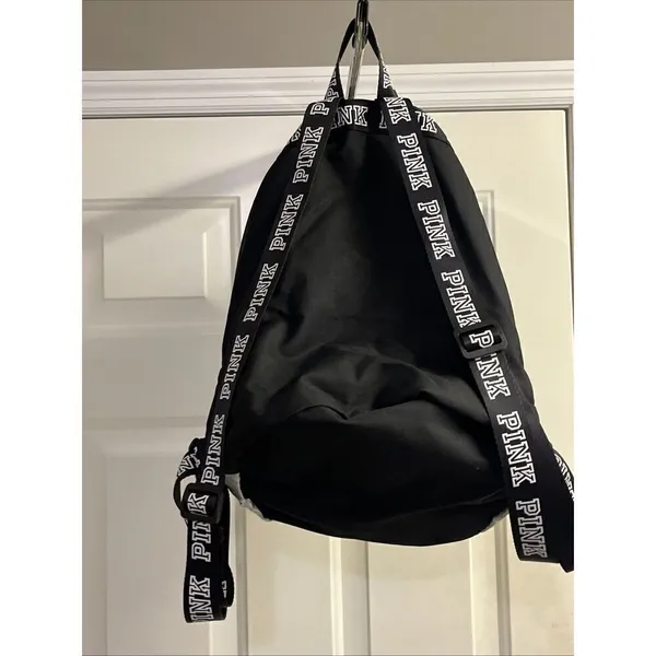 PINK Victoria's Secret Cinch Drawstring Large Back Pack Black/Silver NWOT - Image 4